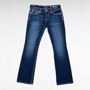 Miss Me | Blue Wash Denim Embellished Flap Pockets Iconic Bootcut Western Jeans